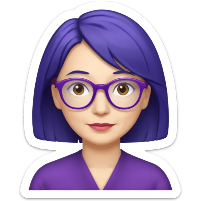 50-year-old woman with purple glasses, brown eyes, and indigo shoulder-length hair sticker