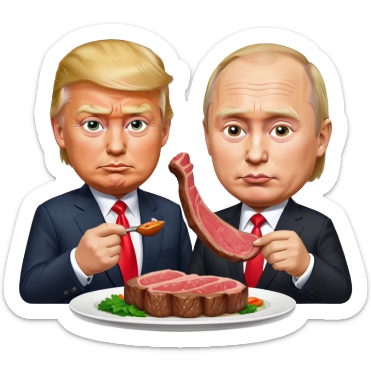 photorealistic Donald Trump and Putin eating a steak shaped like an piece of landemoji sticker