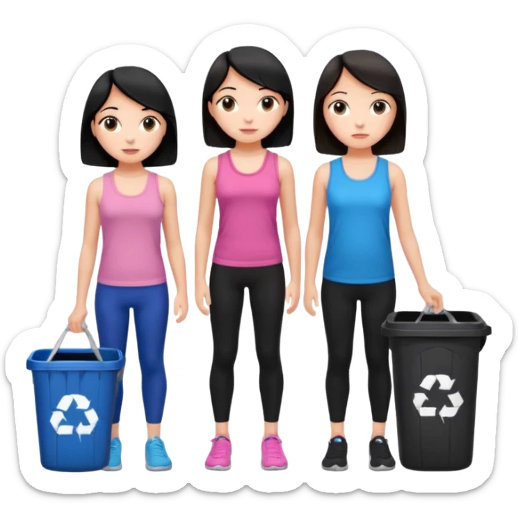generate a genmoji of a black haired girl in a pink tank top and black leggings holding a black trash bag. Standing with her is a brunette girl in a similar blue tank top and black leggings.
Standing in front of a dustbin sticker