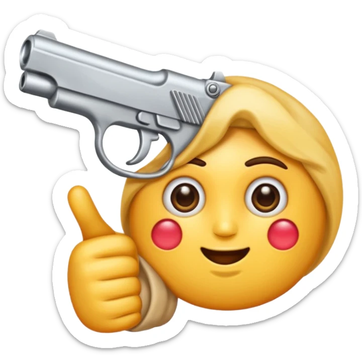 Un emoji normal que se muerde el labio, tiene los ojos cerrados y se apunta al brazo con la mano en forma de pistola sticker