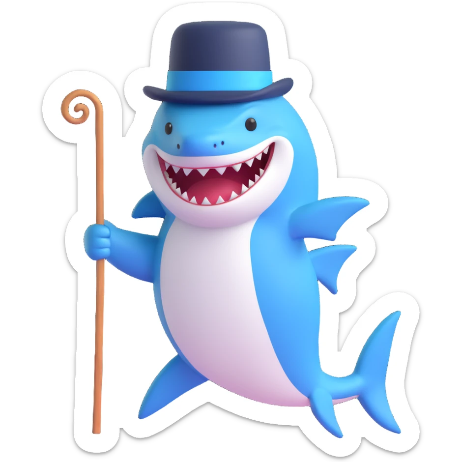 Add a cane to the cute blue shark in a top hat, keep the 3D emoji style, no background. sticker