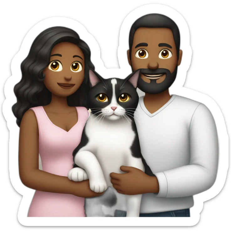 Family photo a fat husband with a beard is holding a white cat and wife with straight hair is holding a black cat sticker