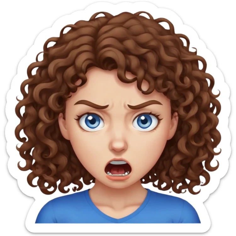 girl with brown curly hair and blue eyes choking herself out with an angry expression sticker
