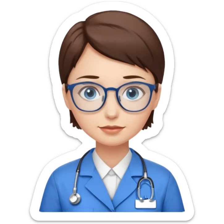 Blue eyes very short brown hair with glasses woman in care assistant blue uniform sticker