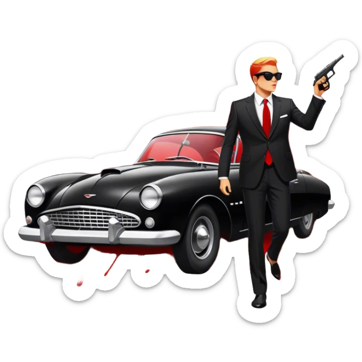 Icon for 'Reservoir Dogs' Movie: Silhouettes of characters in suits with sunglasses, dramatic lighting, a bullet-riddled car, and red splashes symbolizing chaos. Vintage, bold cinematic style with high contrast. Transparent background. sticker