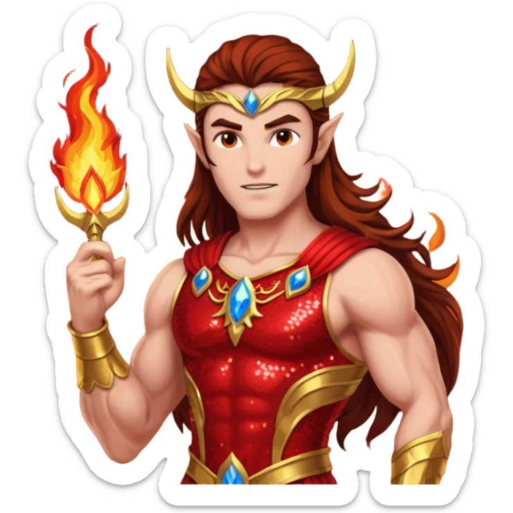 Vulcan, God of Fire from Gods and Goddesses with long brown hair, fiery red sequin outfit sticker