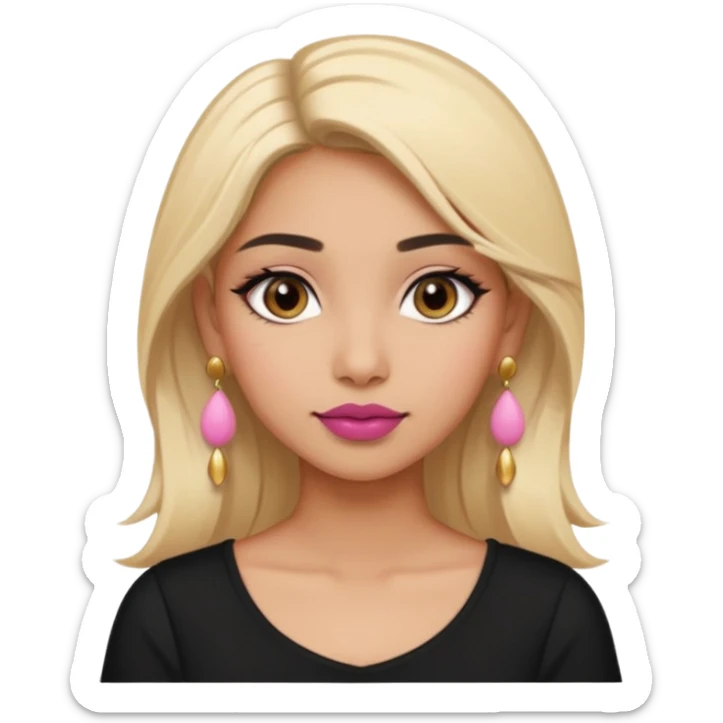Sweet Indian girl blond hair brown eyes brown/pink lipstick pink blush black top gold earrings  sticker