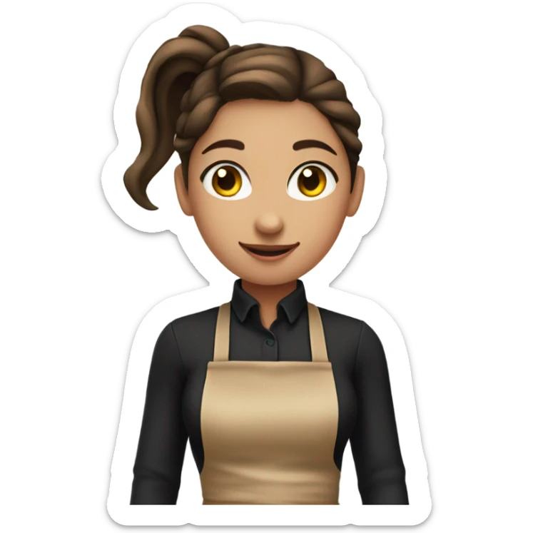 girl with brown hair tied in a ponytail, wearing black gloves, black clothes and an apron sticker
