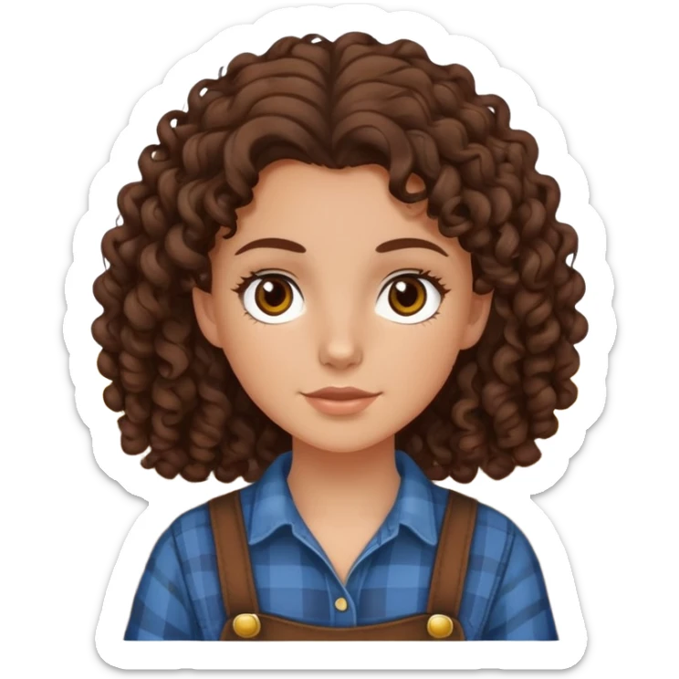 white girl with dark brown curly hair, brown eyes, wearing farm clothes sticker