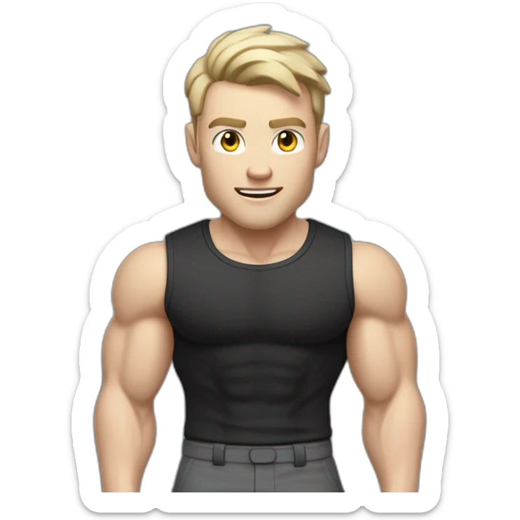 amazed Pale skinned Fit Man With the biceps and dark brown hair in black shirt, gray sports shorts and white Sneakers sticker