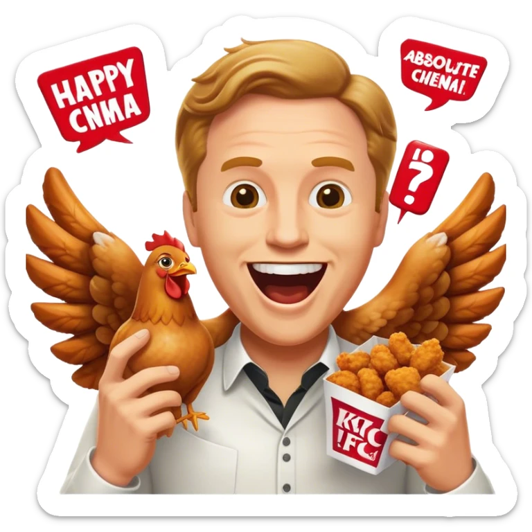 "Create an emoji of a white man holding KFC chicken wings with a happy and excited expression. Add the phrase 'Absolute Cinema' in bold text, making sure it is clearly visible and well-integrated into the design. Use a vibrant and expressive style." sticker