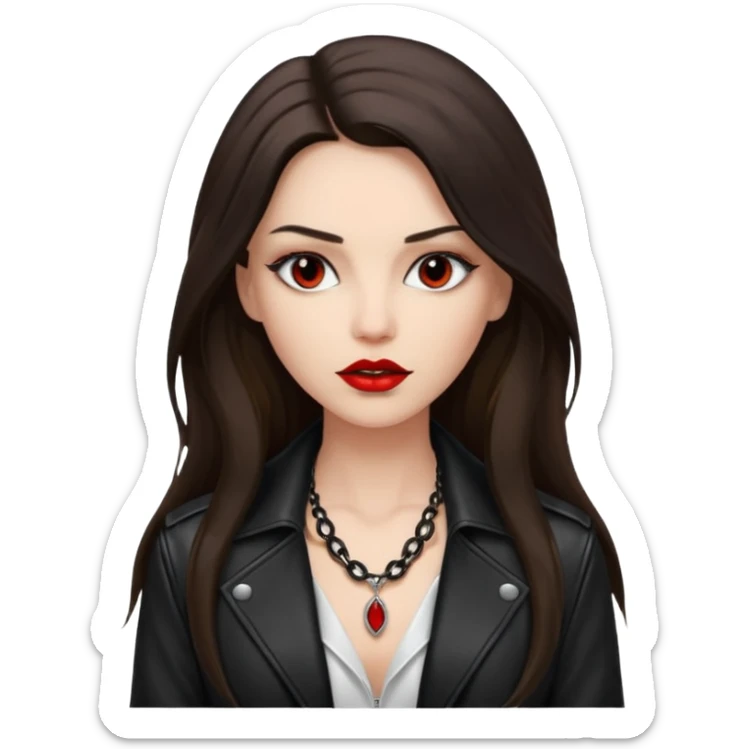 brunette with very long hair in black cuir jacket with red lips and very dark brown eyes and white shirt and mysterious necklace sticker