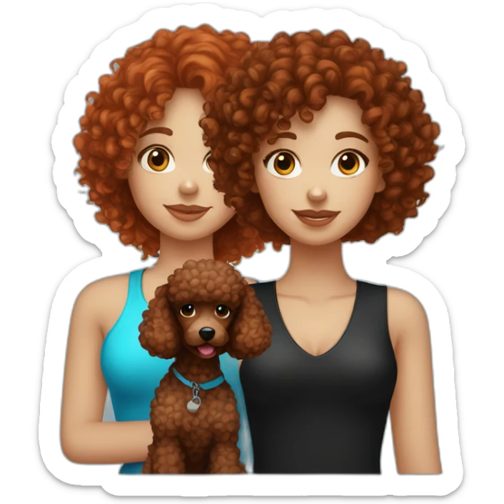 Red curly hair girl with blue eyes and her black wavy poodle with long hair sticker