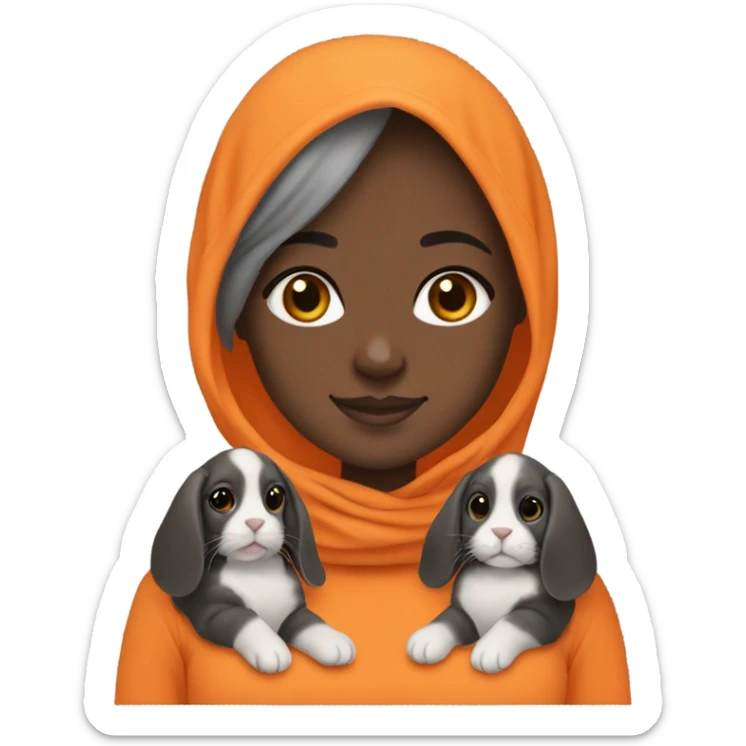 Black Muslim girl holding her 3 cute orange, gray, and mix colored holland lop sticker