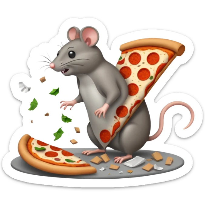 emoji-style icon of a pizza restaurant with a pizza slice sign, a massive rat in front of the building, trash and garbage everywhere, flies buzzing, unsanitary, clear at small size, no text sticker