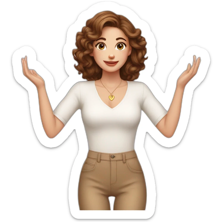 white beautiful woman, brown wavy hair, making heart by two hands, long earrings sticker