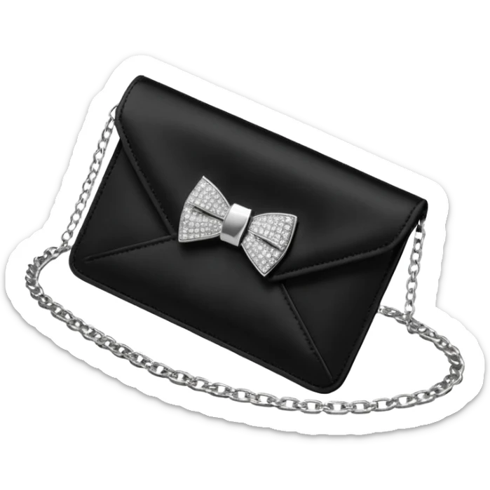 ultra detailed realistic Jimmy choo New Season: Soft card holder with chain, 
black Satin Cardholder with statement crystal-embellished bow. With silver-tone chain, envelope-style flap for functionality, render, 4k, 8000x8000 pixels, 300 dpi, no emoji faces or emoji icons, no human  sticker
