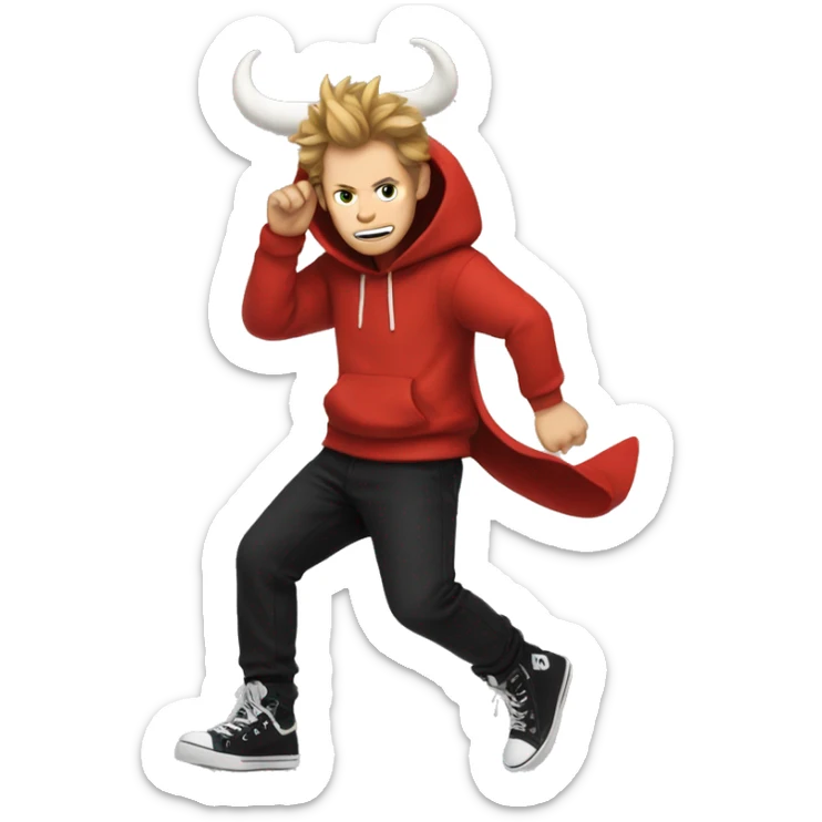 Tord has red hoodie and black pants and black and white shoes and horns in his hair  sticker
