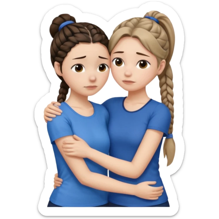 Comforting Hug two white skin women, one shorter woman with medium brown simple top ponytail, not braided, and one taller skinny sad face woman with a single long black side braid sticker