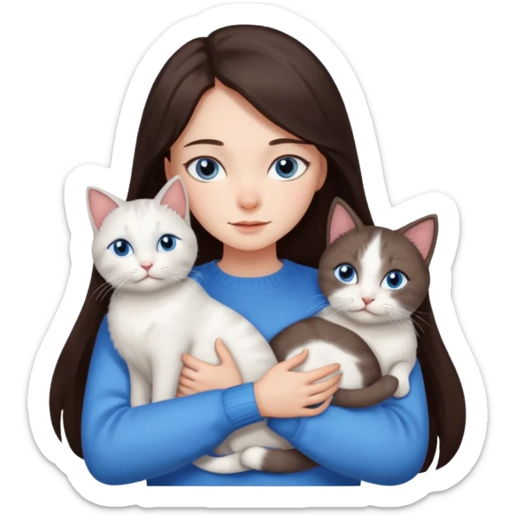 a girl with long dark 
brown hair, with blue eyes, in a
white sweater, hugs 3 different natural coloured cats sticker