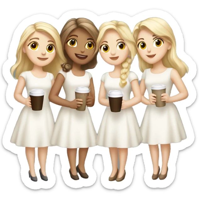 Four beautiful white european girls, one with blond hair and three with dark blond hair in dresses have coffee sticker