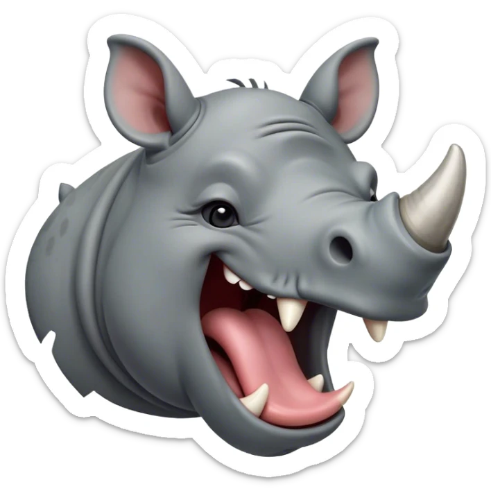 Cinematic Cute Yawning Rhinoceros Portrait Emoji, Head tilted slightly with a dramatic, wide-open yawn, showcasing a soft, textured slate-gray hide with a slightly drooping horn and eyes barely open in drowsy contentment, Simplified yet irresistibly adorable features, highly detailed, glowing with a soft, cozy glow, high shine, relaxed yet expressive, stylized with a touch of rugged whimsy, bright and endearing, soft glowing outline, capturing the essence of a sleepy yet affectionate rhinoceros, so drowsy it feels like it could stretch out of the screen and curl up for a nap! sticker