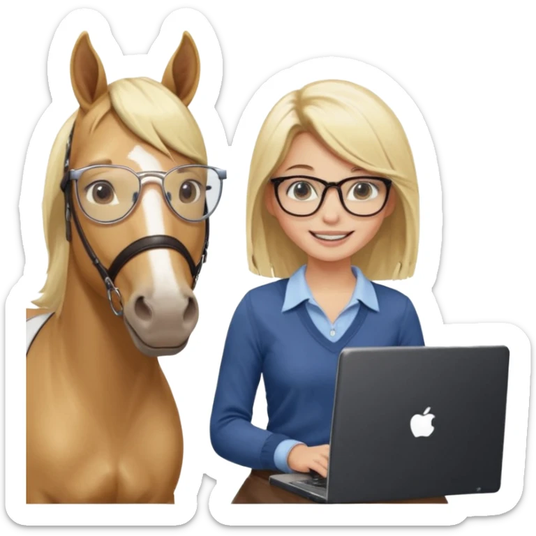 je voudrai un emoji d'une fille aux cheveux longs et blonds avec des lunettes qui fait plein de choses droles (1 avec un cheval, 1 derrière un écran ou une console, une entrain de découper, une entrain de faire un jeu de société, une qui cuisine, sticker