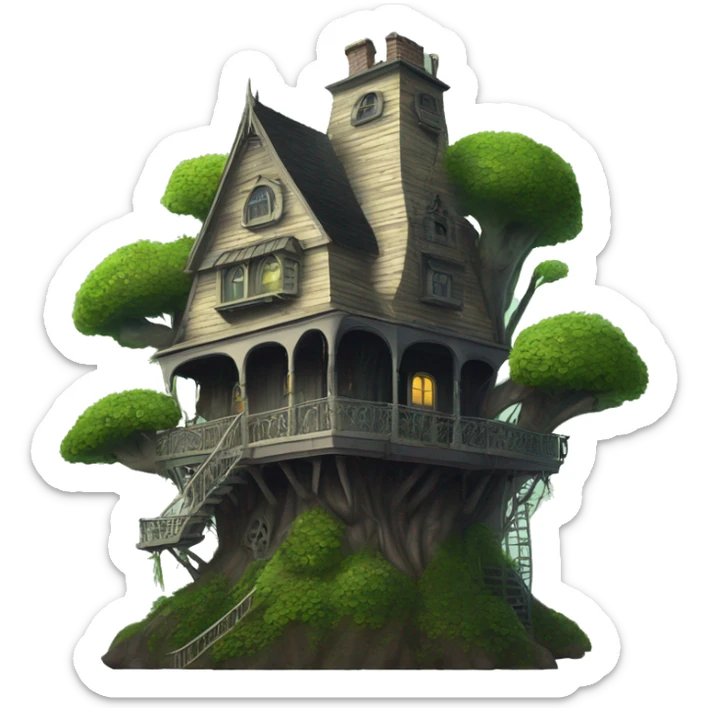 Fantastic fantasy haunted Addams family treehouse hotel overgrown in the woods  sticker