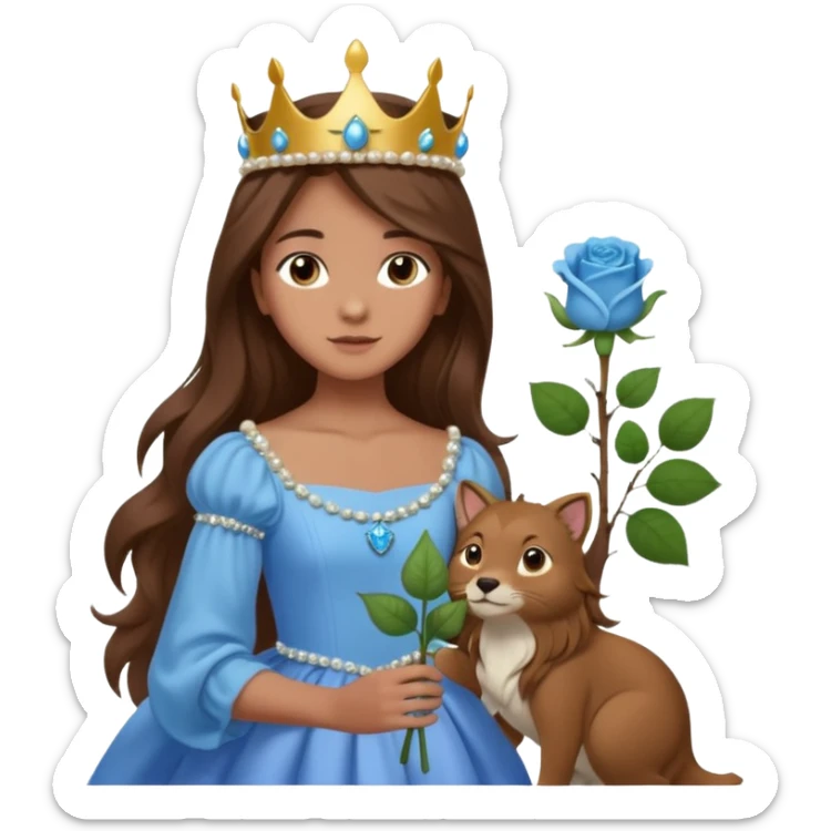 a 12 year old girl with shinny long brown hair and pretty green eyes that have long dark eye lashes wearing a sky blue gown in a beautiful forest with adorable animals and stunning roses and lilacs surrounding her as she smells the only sky blue rose she is also wearing a crown that has pearls sticker