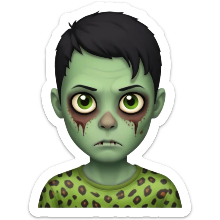 Zombie boy with green skin and sleepy eyes and scars on his face and a shirt that has cheetah texture and black hair sticker