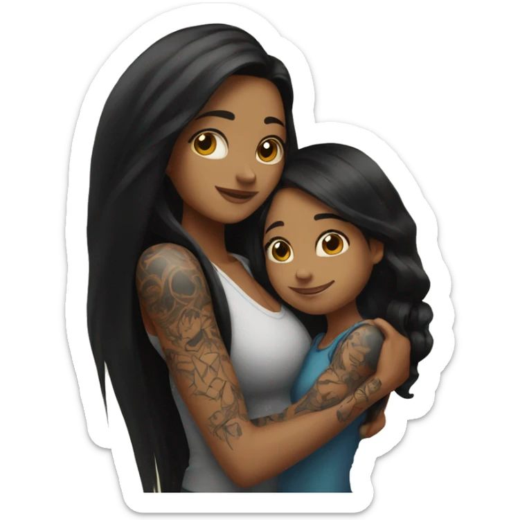 Girl with long black hair and tattoos and daughter with long brown hair hugging sticker