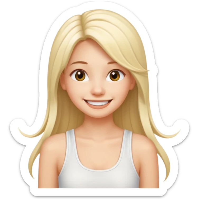 a pretty bratz fair girl with straight long hair, wearing a white noodle strap tank top, smiling sticker