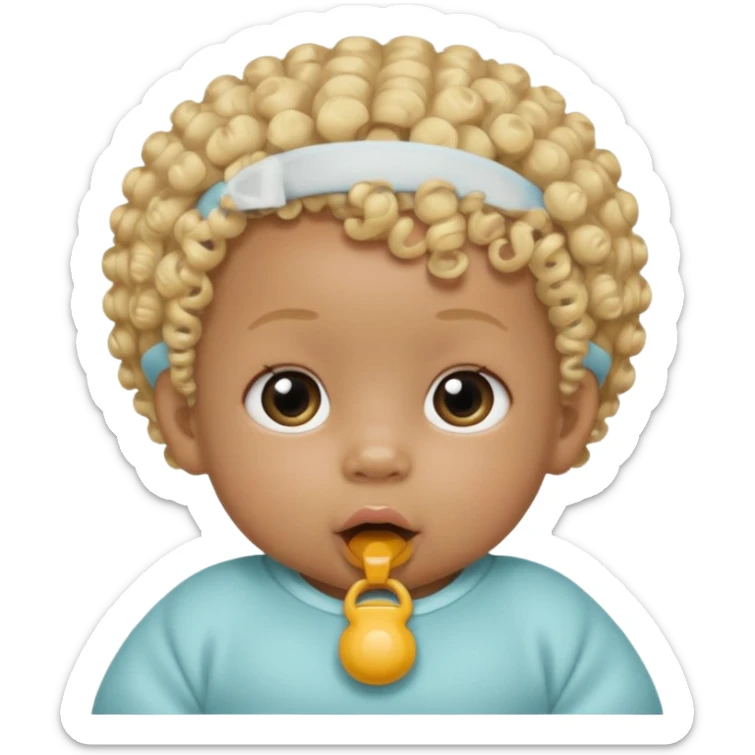 Black newborn baby, short tuft of curly blonde hair, pacifier in mouth sticker