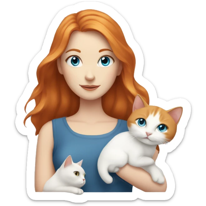 White girl with ginger hair and blue eyes holding a white cat and a gray cat sticker