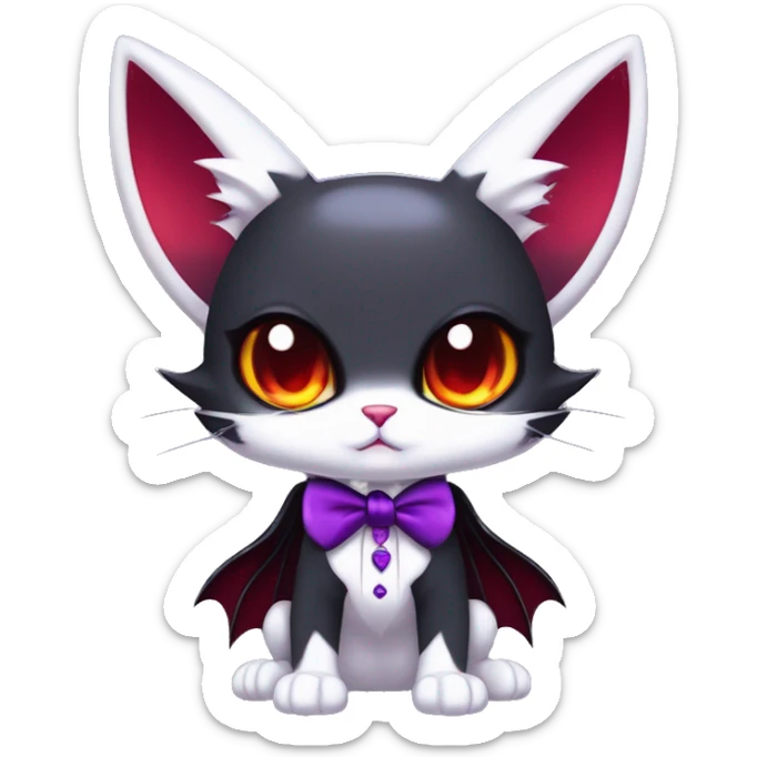 Cute-Evil-Vampiric-Batty-Cat-Black-Purple-Red-White-Contrast-Colors-Fantasy-Fur-Sona-Chibi-Shiny-Fakémon-Hybrid with horns and big fangs neck bow white tie leg spats full body sticker