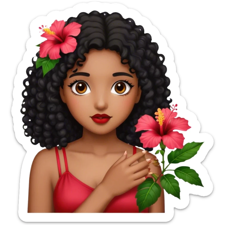Girl with brown skin with black curly hair holding hibiscus flowers sticker