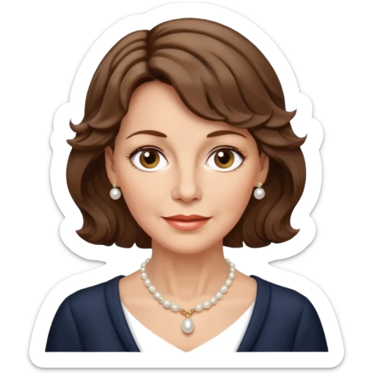 woman in her 50s, short wavy brown hair, wearing a pearl necklace, gentle expression sticker