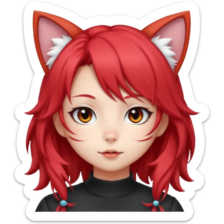 very cute anime cat-girl with cat ears, red blowing hair sticker