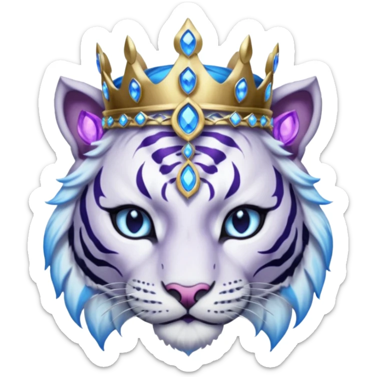 ESO Female white/black tiger khajiit leader of the umbral rose, glowing blue eyes, glowing blue 'third eye' gem; silver crown/tiara with purple gems  sticker