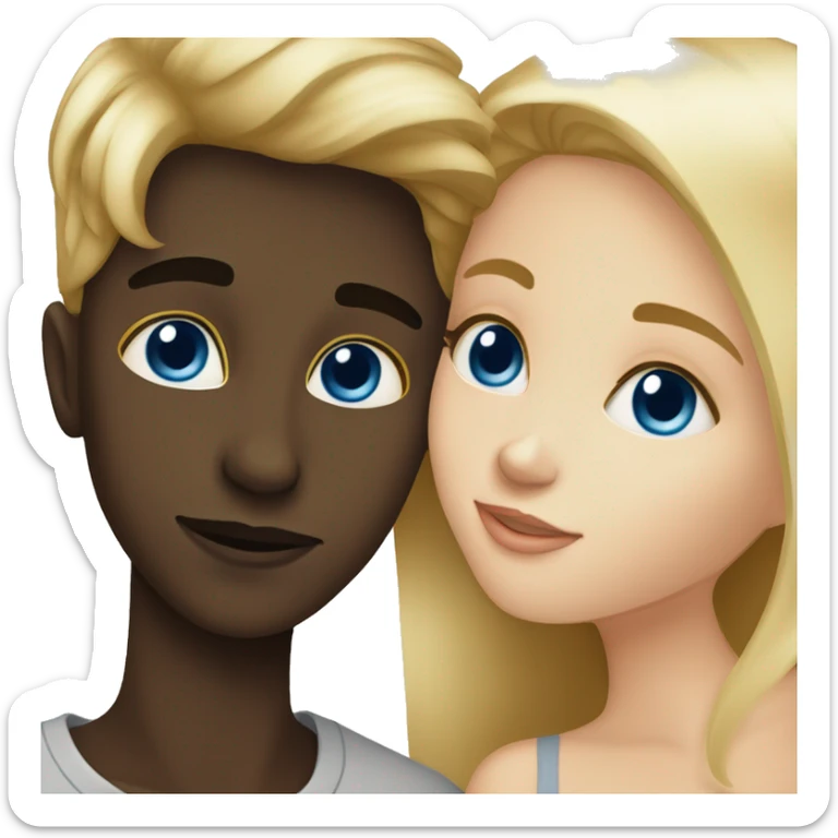 Blonde blue eyed girl giving dark skinned brown haured boy a kiss  sticker