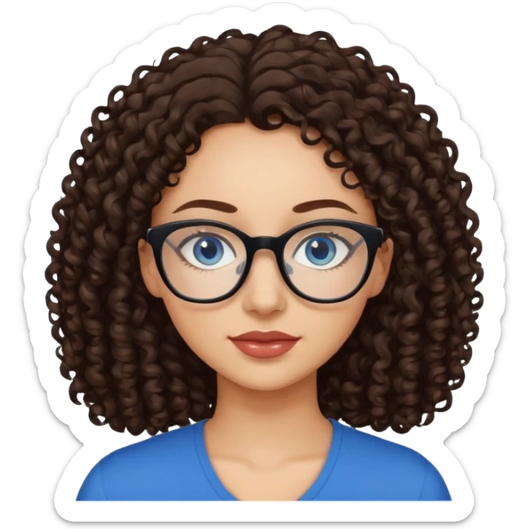 a woman, 30 years old, light skin with dark brown curly hair. eyeglasses. Black top. blue eyes. sticker