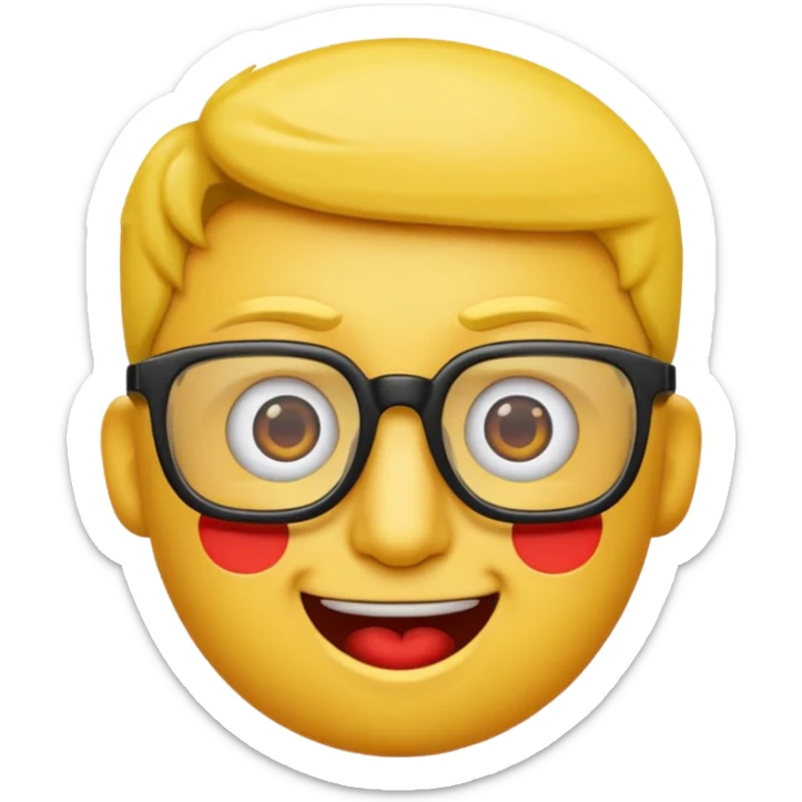 Créer un emoji nerd le perso doit être une tête basique d'emoji jaune avec une grosse paire de lunettes rectangulaires noires 3 boutons sur chaque joue et une dent qui dépasse  sticker