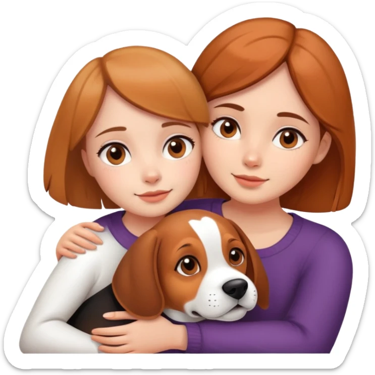 The girl with the melange girl and brown eyes hugs a beagle sticker