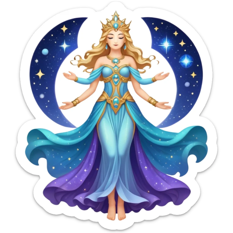 fullbody universe goddess Sophia with intricate details, cosmic goddess with starry elements, highly detailed celestial being with glowing features sticker