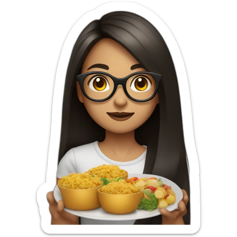 girl with bro2n long straight hair and black round glasses with food in hands sticker