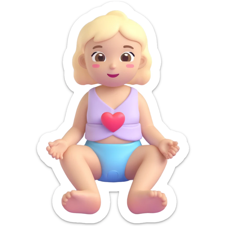 happy girl sitting, wearing a diaper with a small heart, pastel colors, 3D emoji style, no text sticker