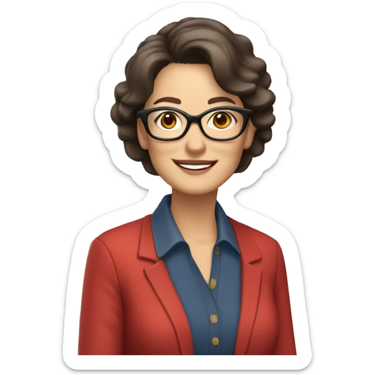 Woman in her 60s, with dark brown hair, pale skin, glasses, brown eyes, smiling wearing a red blazer, collared shirt,  jeans sticker