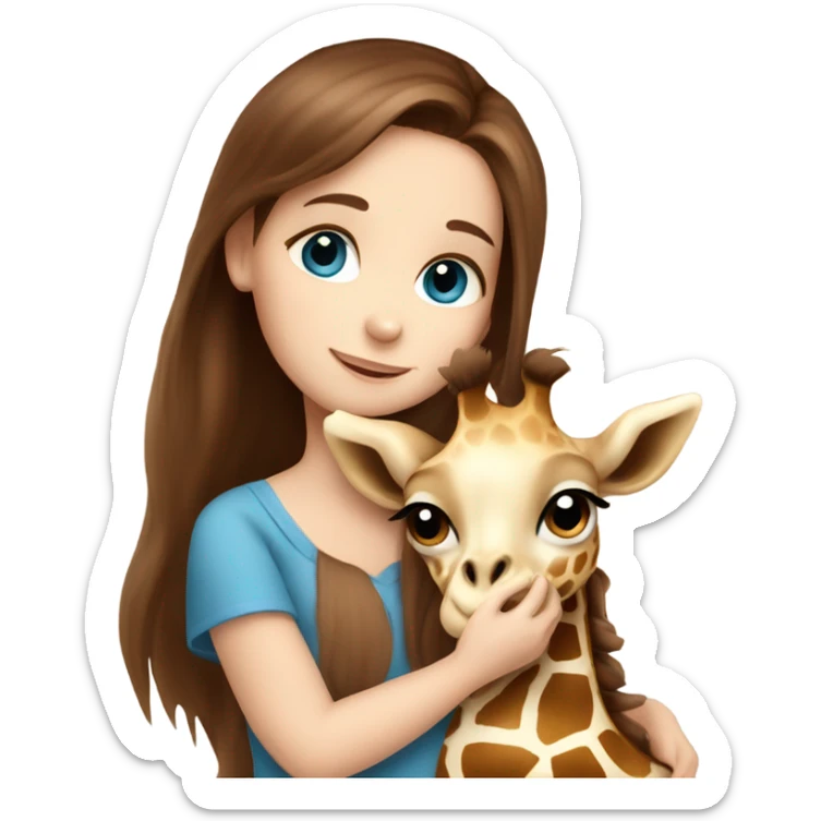 long brown hair girl with blue eyes cuddling a cute baby giraffe sticker