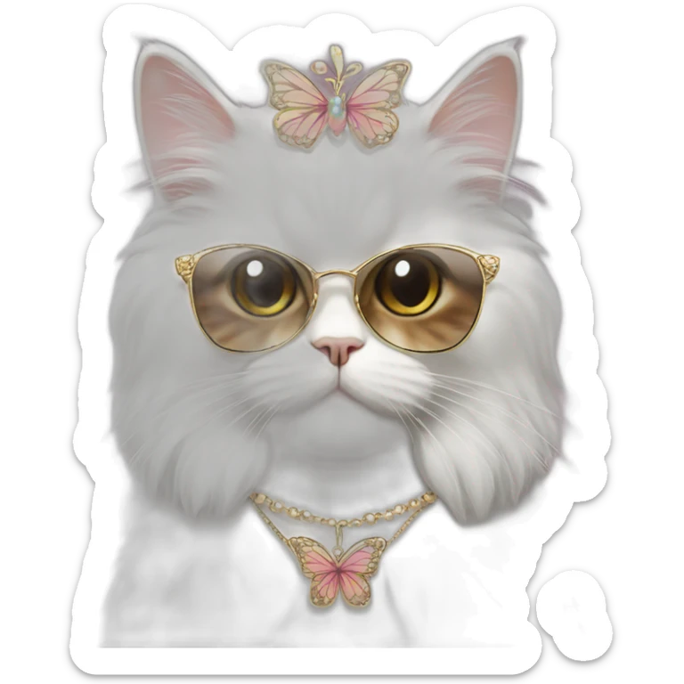 Persian cat wearing a tiara, sunglasses, and necklace with a butterfly shaped pendant sticker