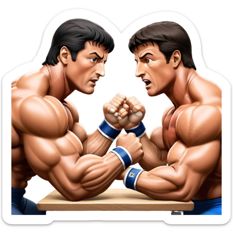 Iconic scene from the movie Over the Top, featuring Sylvester Stallone in a fierce arm wrestling match, symbolizing powerlifting. Stallone flexes his muscles while gripping the arm of his opponent, the intense battle for strength showcased with dramatic lighting. Transparent background. sticker